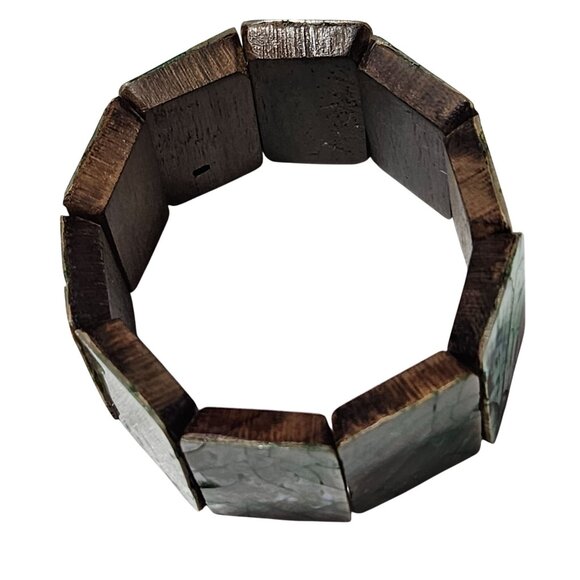 Handcrafted Boho Wooden Bracelet Iridescent Shell Tiles Beach Core Jewelry Women - Picture 3 of 4